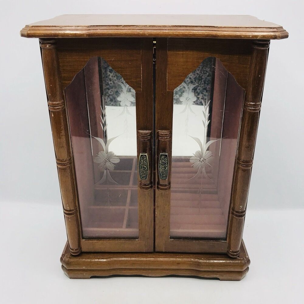 Vintage Powell Wooden Jewelry Box Armoire Etched Glass, Wheel, Taiwan  11.5x9x5
